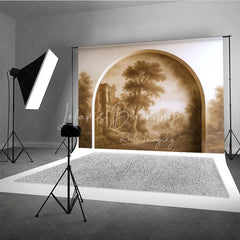 Lofaris Vintage Sepia Landscape Photography Backdrop with Arched Frame Classical Ruins and Misty Trees for Studio Portraits
