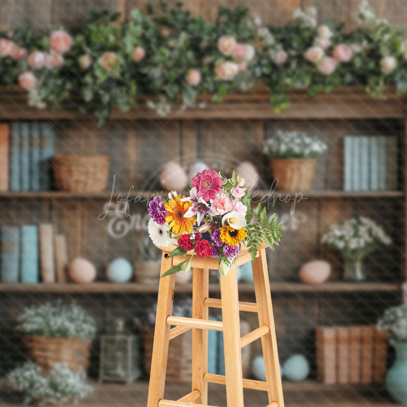 Lofaris Vintage Spring Floral Egg Bookshelf Easter Backdrop