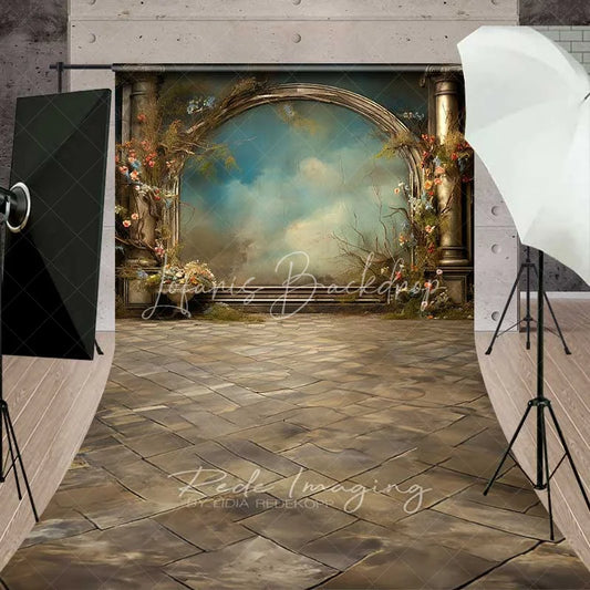 Lofaris Vintage Stone Archway Sweep Photo Backdrop Ancient Column Floral Garden Background Artistic Sky Portrait Floor Prop