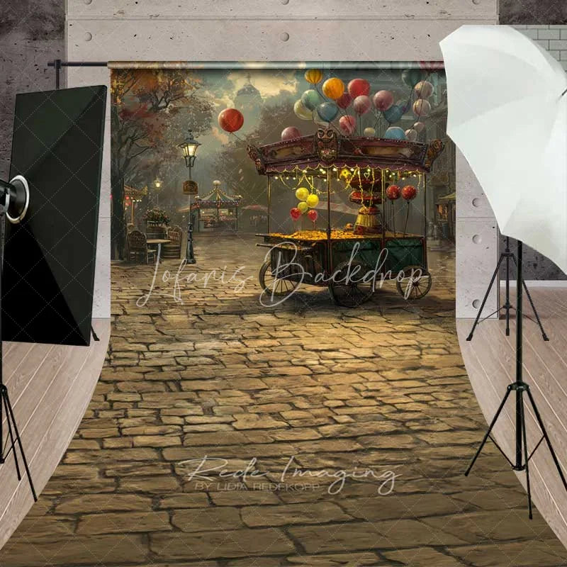 Lofaris Vintage Street Scene Sweep Backdrop Autumn Balloon Cart Cobblestone Photo Background