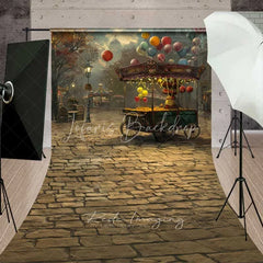 Lofaris Vintage Street Scene Sweep Backdrop Autumn Balloon Cart Cobblestone Photo Background