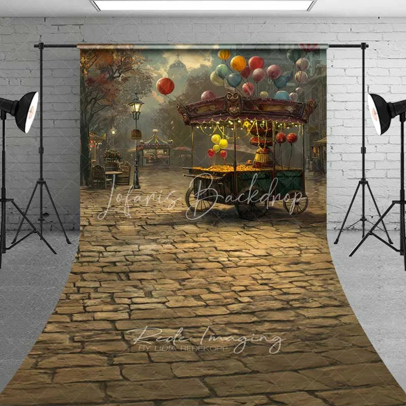 Lofaris Vintage Street Scene Sweep Backdrop Autumn Balloon Cart Cobblestone Photo Background