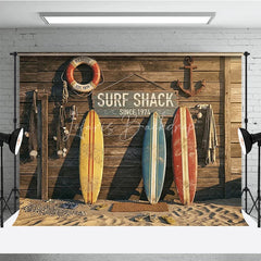 Lofaris Vintage Surf Shack Photography Backdrop with Wooden Wall Surfboards and Beach Sand for Summer Party