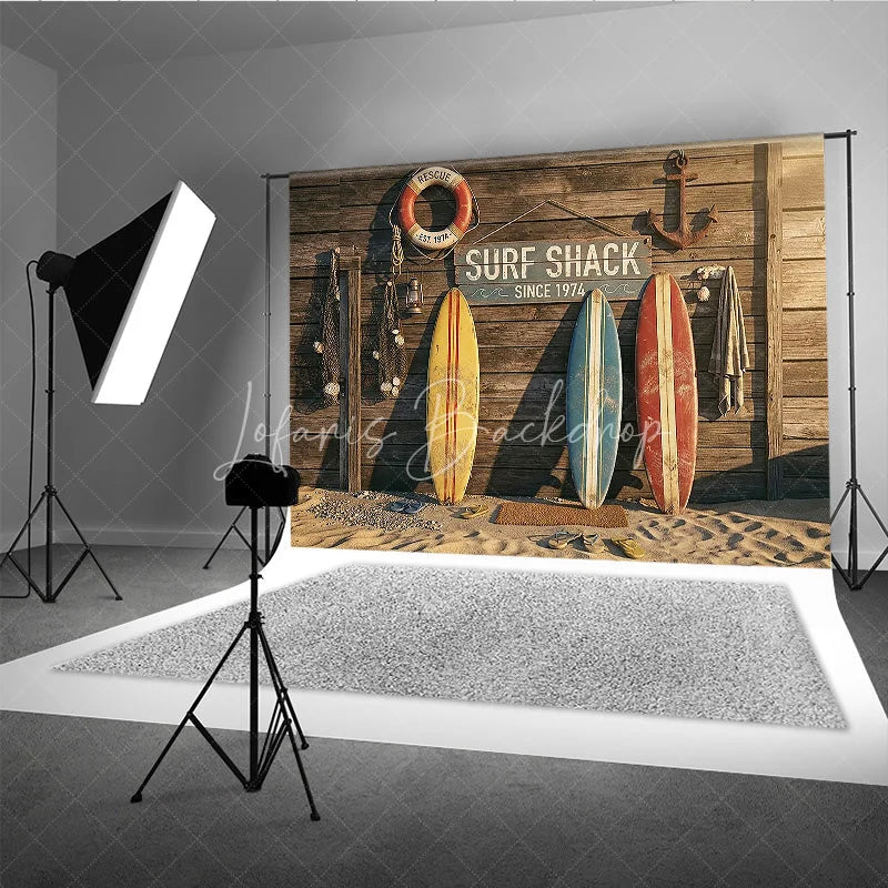 Lofaris Vintage Surf Shack Photography Backdrop with Wooden Wall Surfboards and Beach Sand for Summer Party