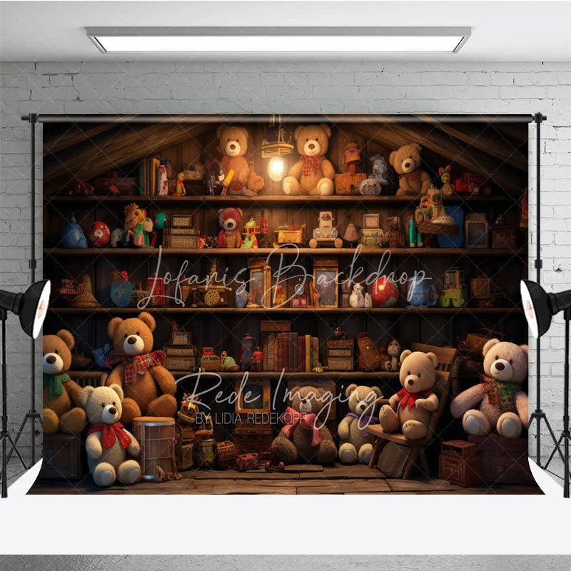 Lofaris Vintage Toy Shop Birthday Cake Smash Backdrop Rustic Wooden Shelves Teddy Bear Background Kids Photography