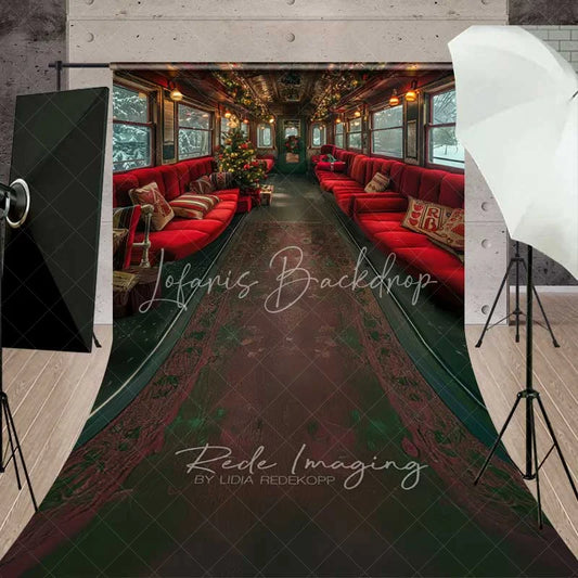 Lofaris Vintage Train Journey Sweep Backdrop Red Seats Carpet Runner Snowy Window Interior Photo Background