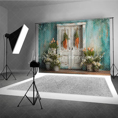 Lofaris Vintage White Door Easter Photography Backdrop Hanging Carrots and Potted Spring Tulips Studio Background
