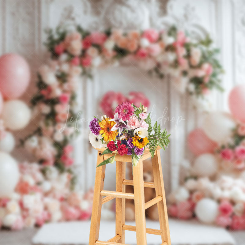 Lofaris Vintage White Wall Pink Floral Balloon Bear Backdrop
