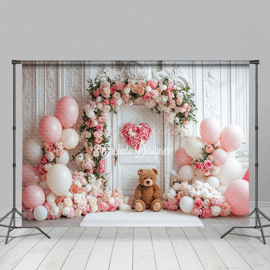 Lofaris Vintage White Wall Pink Floral Balloon Bear Backdrop