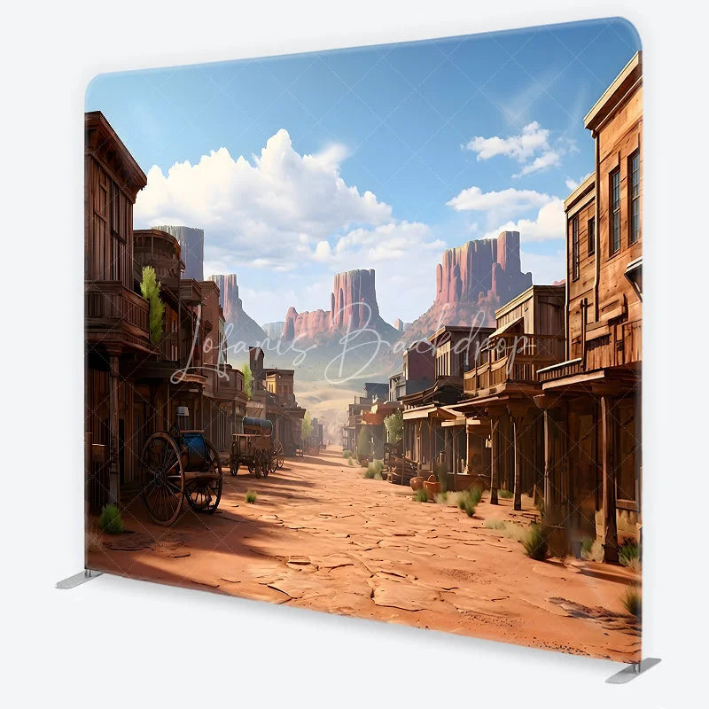 Lofaris Vintage Wild West Town Square Double-Sided Backdrop Desert Landscape with Rustic Buildings