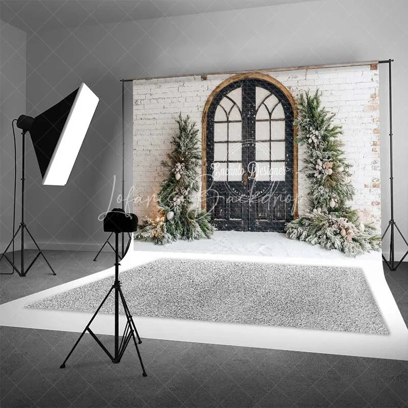 Lofaris Vintage Winter Door Backdrop Black Arched Grid Window Snowy Greenery White Brick Wall Photo Background