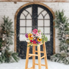 Lofaris Vintage Winter Door Backdrop Black Arched Grid Window Snowy Greenery White Brick Wall Photo Background