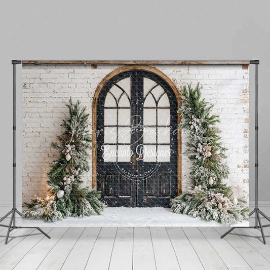 Lofaris Vintage Winter Door Backdrop Black Arched Grid Window Snowy Greenery White Brick Wall Photo Background