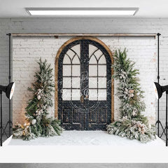 Lofaris Vintage Winter Door Backdrop Black Arched Grid Window Snowy Greenery White Brick Wall Photo Background
