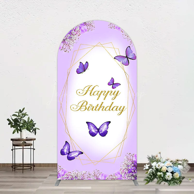 Lofaris Violet Floral Butterfly Happy Birthday Arch Backdrop
