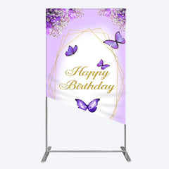 Lofaris Violet Floral Butterfly Happy Birthday Rectangle Backdrop