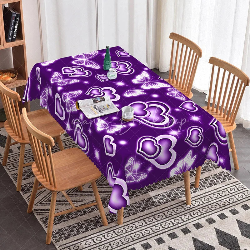 Lofaris Violet Purple Glowing Heart Butterfly Rectangle Tablecloth Magic Neon Sparkle Pattern Fantasy Valentine Decor