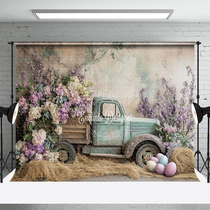 Lofaris Violet Truck Haystack Eggs Vintage Easter Backdrop