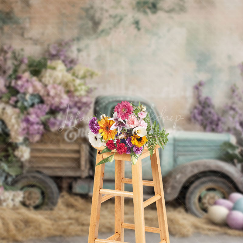 Lofaris Violet Truck Haystack Eggs Vintage Easter Backdrop
