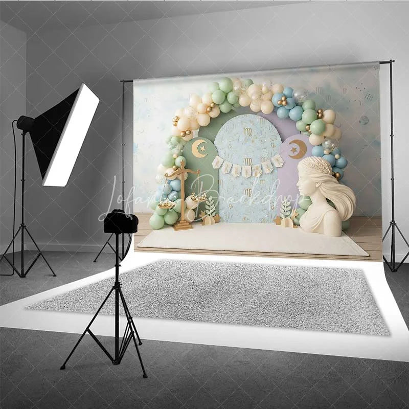 Lofaris Virgo Zodiac Cake Smash Backdrop Goddess Statue and Pastel Balloons Party Background