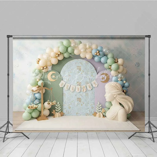 Lofaris Virgo Zodiac Cake Smash Backdrop Goddess Statue and Pastel Balloons Party Background