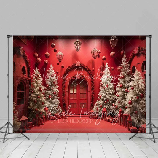 Lofaris Vivid Red Christmas Room Backdrop White Flocked Trees Ornaments Arched Door Photo Background