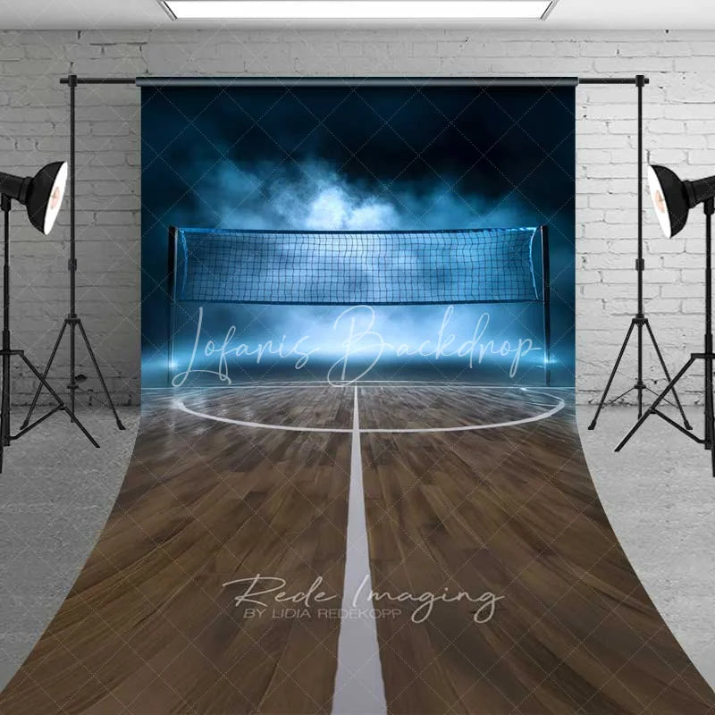 Lofaris Volleyball Court Net Sweep Photography Backdrop Blue Foggy Gym Wood Floor Sports Photo Background