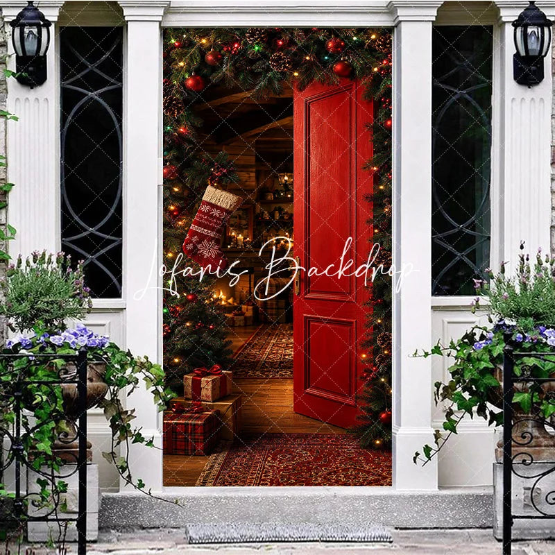 Lofaris Warm and Inviting Red Christmas Door Cover with Festive Garland Pinecones Cozy Holiday Interior Scene