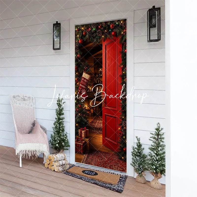 Lofaris Warm and Inviting Red Christmas Door Cover with Festive Garland Pinecones Cozy Holiday Interior Scene