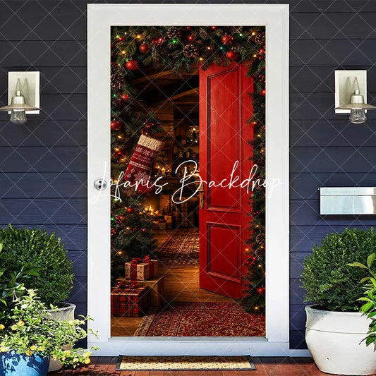 Lofaris Warm and Inviting Red Christmas Door Cover with Festive Garland Pinecones Cozy Holiday Interior Scene