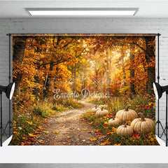 Lofaris Warm Autumn Forest Photography Backdrop with Golden Light and Pumpkins Fall Harvest Scenic Decor