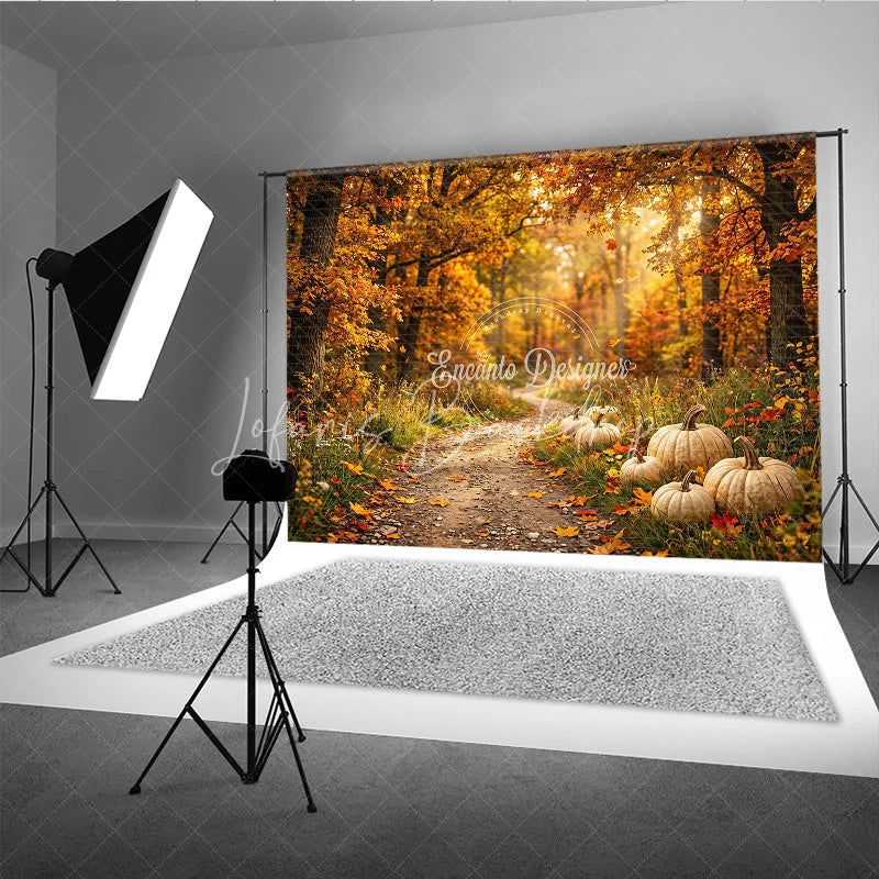 Lofaris Warm Autumn Forest Photography Backdrop with Golden Light and Pumpkins Fall Harvest Scenic Decor