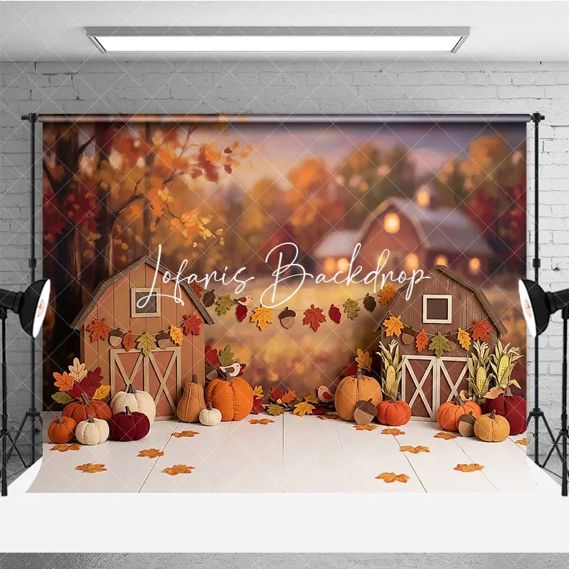 Lofaris Warm Autumn Harvest Barn Photography Backdrop with Pumpkins and Fall Leaves Rustic Thanksgiving Decor