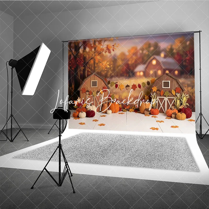 Lofaris Warm Autumn Harvest Barn Photography Backdrop with Pumpkins and Fall Leaves Rustic Thanksgiving Decor