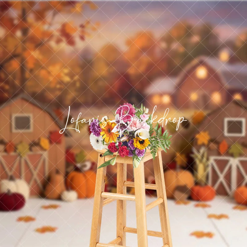 Lofaris Warm Autumn Harvest Barn Photography Backdrop with Pumpkins and Fall Leaves Rustic Thanksgiving Decor