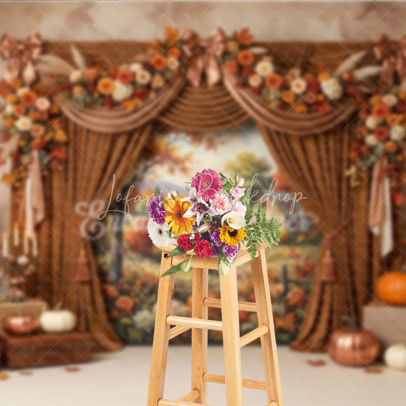 Lofaris Warm Autumn Harvest Photography Backdrop with Rustic Farmhouse Scene Elegant Velvet Curtains and Fall Floral Decor