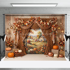 Lofaris Warm Autumn Harvest Photography Backdrop with Rustic Farmhouse Scene Elegant Velvet Curtains and Fall Floral Decor