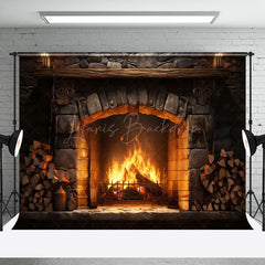 Lofaris Warm Brick Fireplace Wood Pile Photography Backdrop