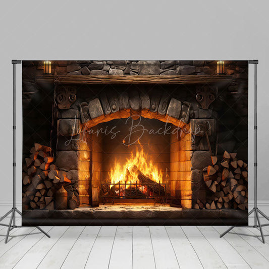 Lofaris Warm Brick Fireplace Wood Pile Photography Backdrop