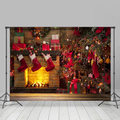Lofaris Warm Cabin Brick Fireplace Christmas Tree Backdrop