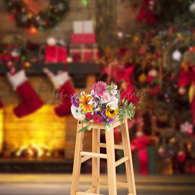 Lofaris Warm Cabin Brick Fireplace Christmas Tree Backdrop