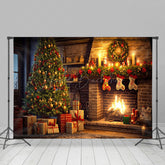 Lofaris Warm Candlelit Brick Fireplace Christmas Backdrop