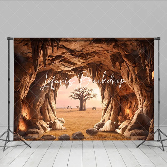 Lofaris Warm Earthy African Savanna Cave Entrance Photography Backdrop with Baobab Tree and Wildlife Sunset View