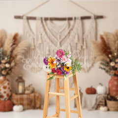 Lofaris Warm Neutral Boho Macrame and Pampas Grass Autumn Photography Backdrop Rustic Fall Harvest Decor with Pumpkins