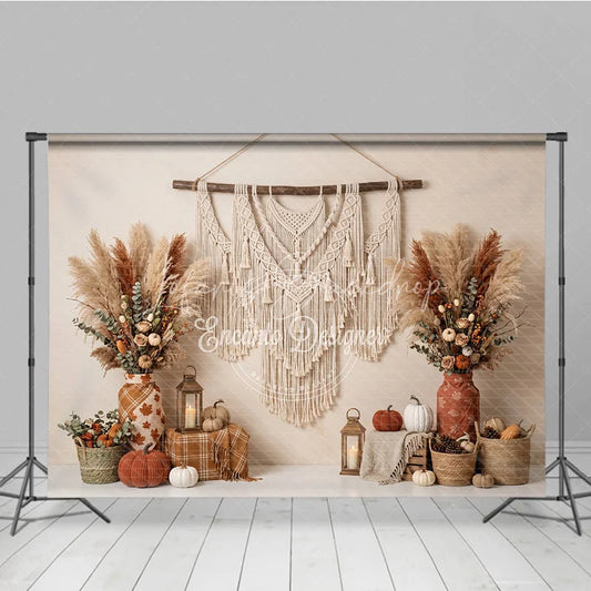 Lofaris Warm Neutral Boho Macrame and Pampas Grass Autumn Photography Backdrop Rustic Fall Harvest Decor with Pumpkins
