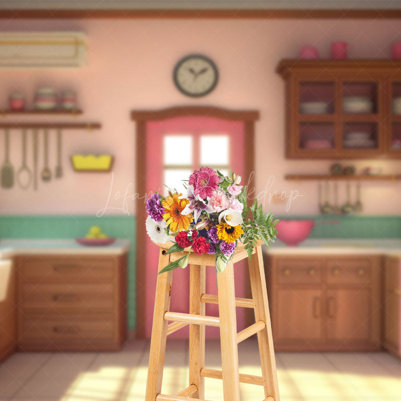 Lofaris Warm Pink Green Kitchen Cake Smash Photo Backdrop