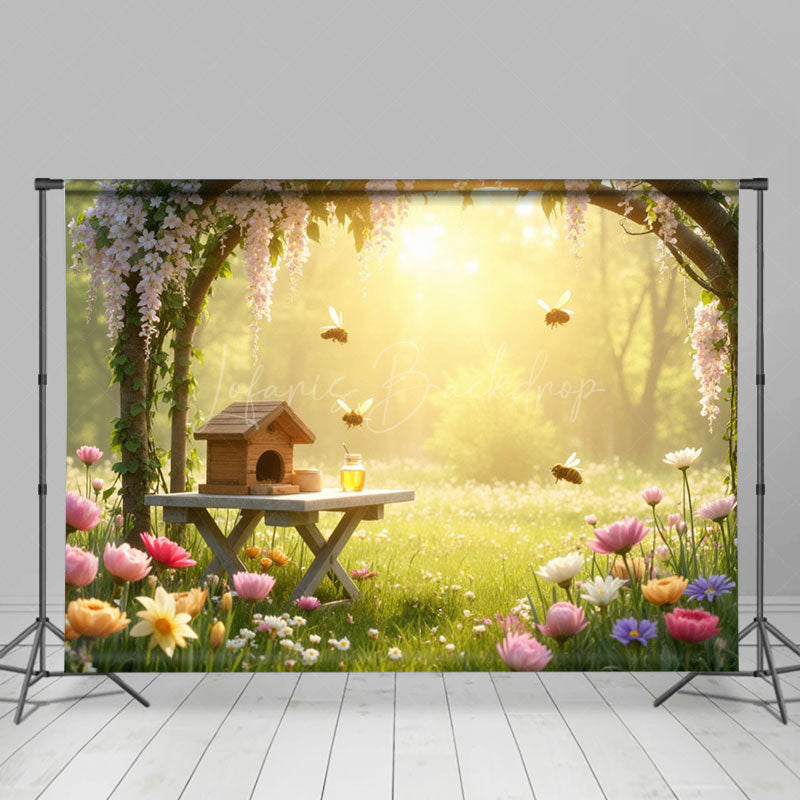 Lofaris Warm Sunlight Spring Bee Floral Garden Photo Backdrop