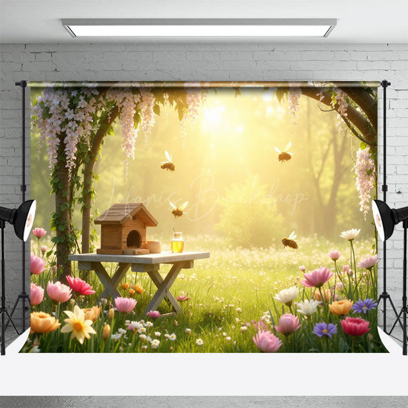 Lofaris Warm Sunlight Spring Bee Floral Garden Photo Backdrop