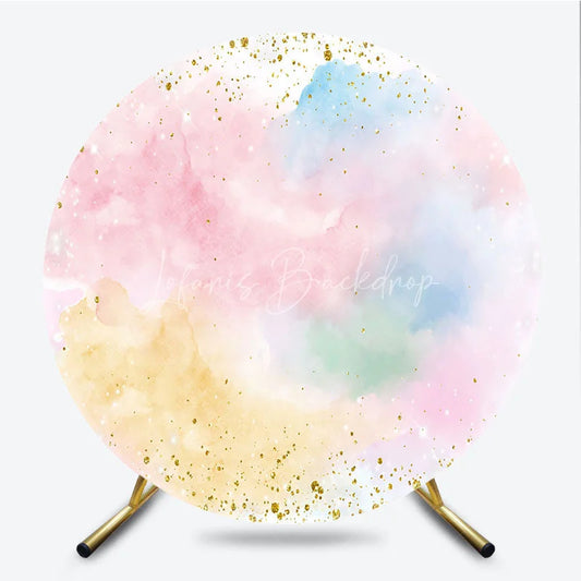 Lofaris Watercolor Abstract Round Backdrop Pastel Clouds and Gold Glitter Dust Party Decoration