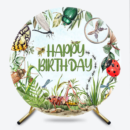 Lofaris Watercolor Bugs and Insects Happy Birthday Round Backdrop Ladybug Dragonfly Nature Explorer Party Decor